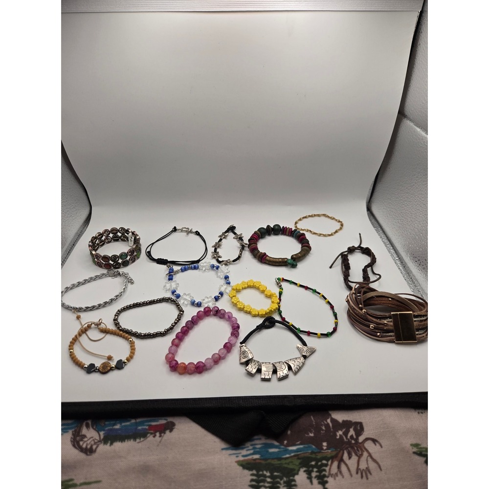 Lot of 14 Assorted Bracelets Boho Beaded Leather Wrap Fish Charm Eclectic Mix
